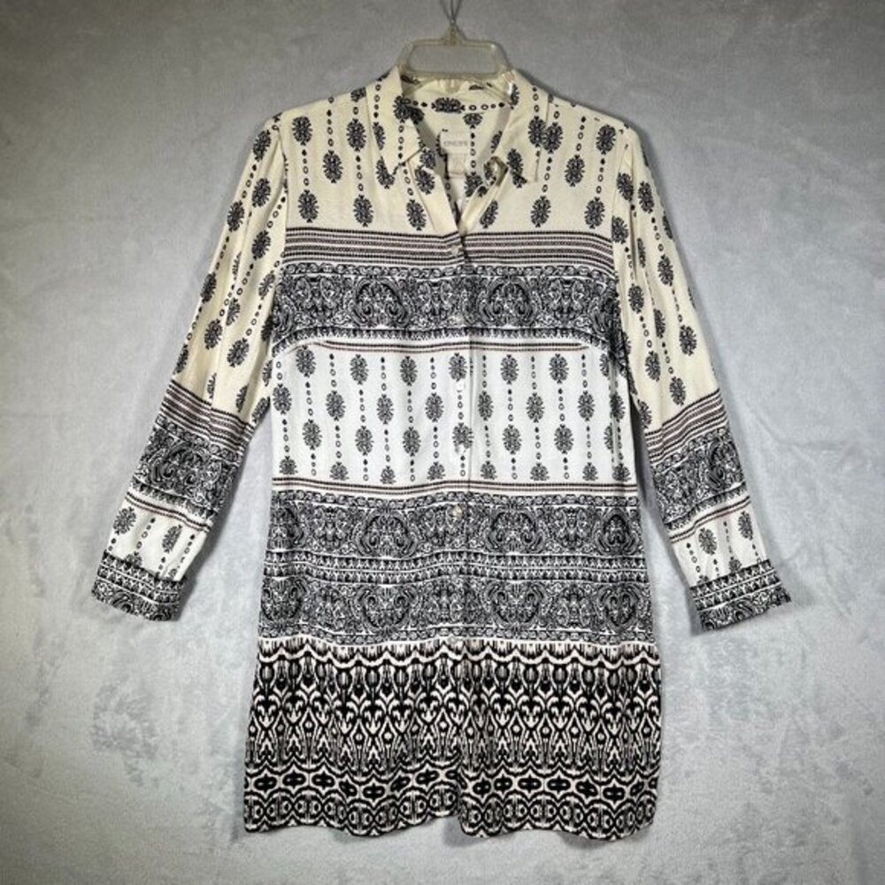 Chicos Blouse Womens Small 4 Cream Black‎ Crafted Stripe Tunic Long Sleeve Woven